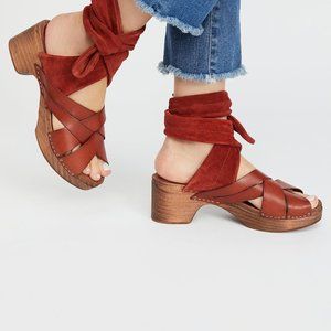 Free People Emmy Suede Ankle Wrap Clog Sandal in Cognac